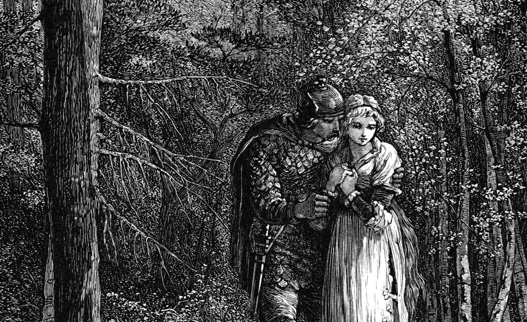 An armed and armored man escorting a woman through the forest.