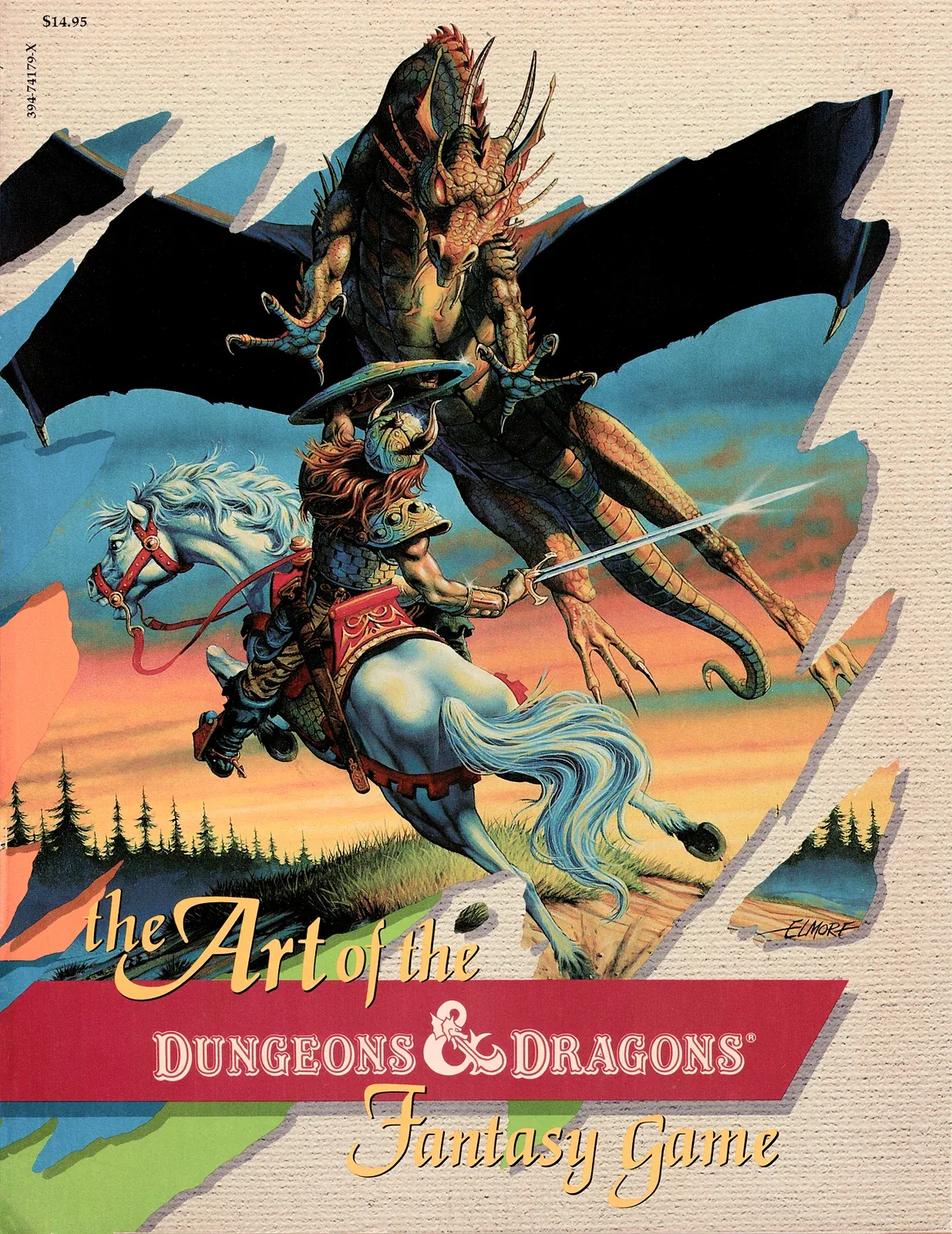 The cover of "The Art of the Dungeons & Dragons Fantasy Game." A warrior in armor rides a white horse with flowing mane, wielding a sword while confronting a dragon with black wings and orange scales against a sunset sky.