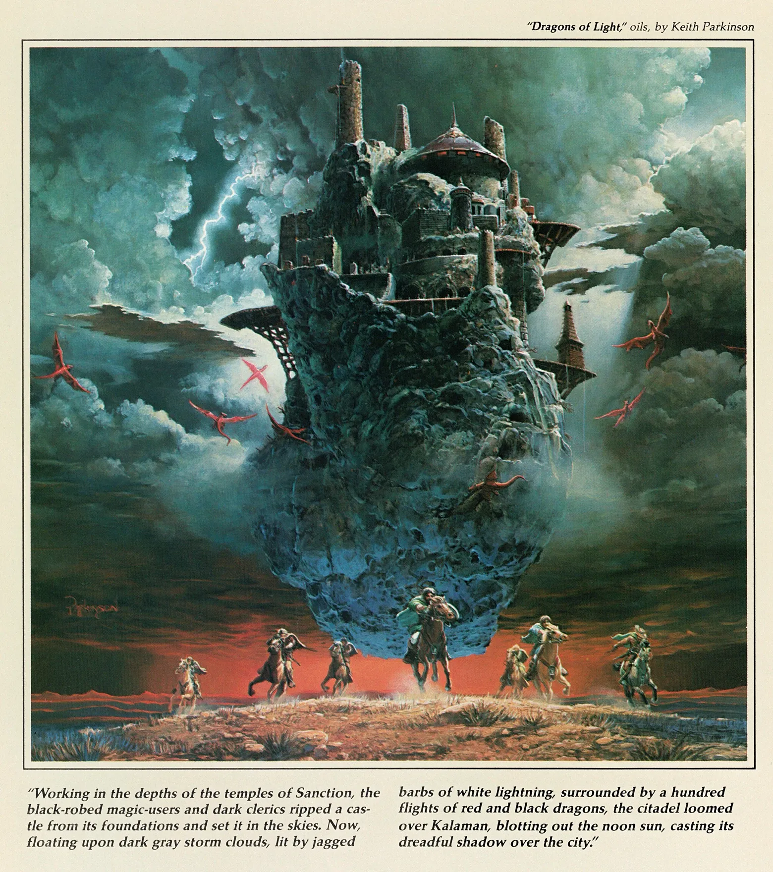 A floating fortress hovers above storm clouds and lightning, with red dragons flying around and riders galloping on the ground below.