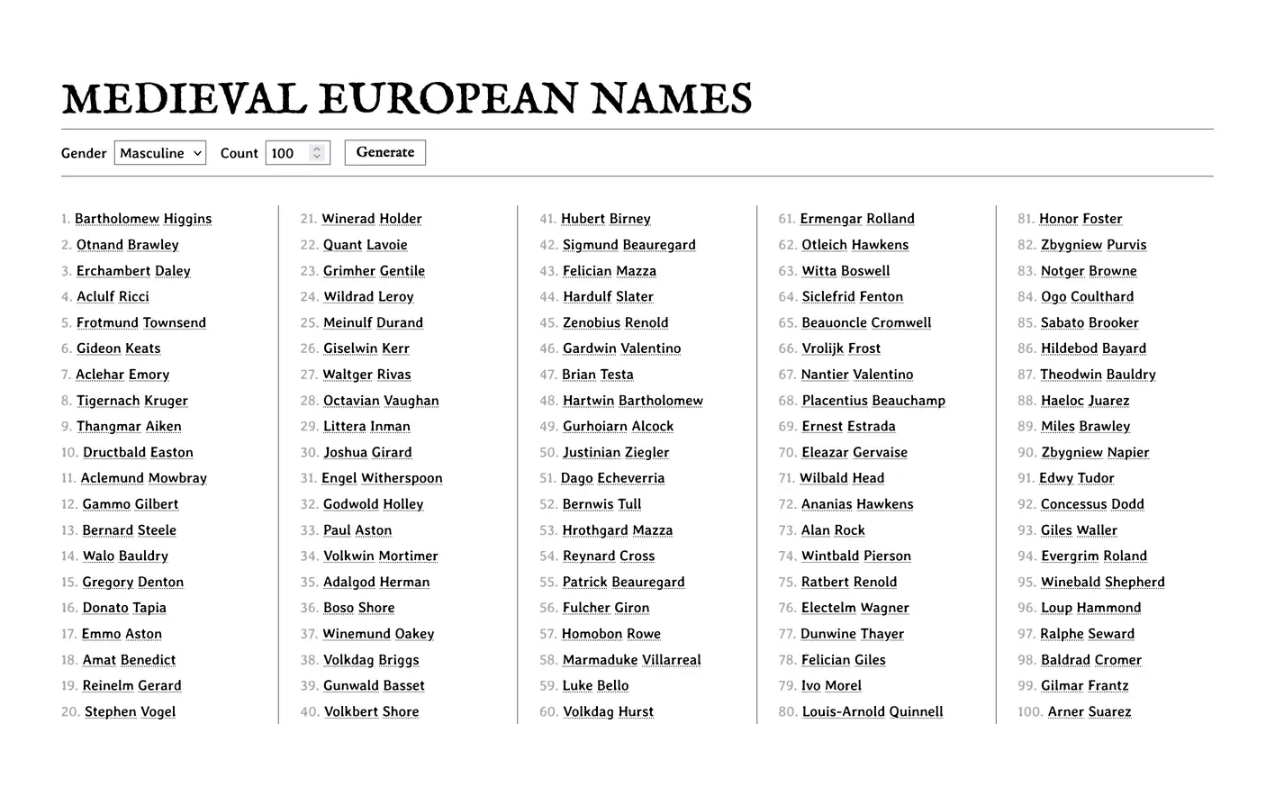 Screenshot of the generator listing 100 names.