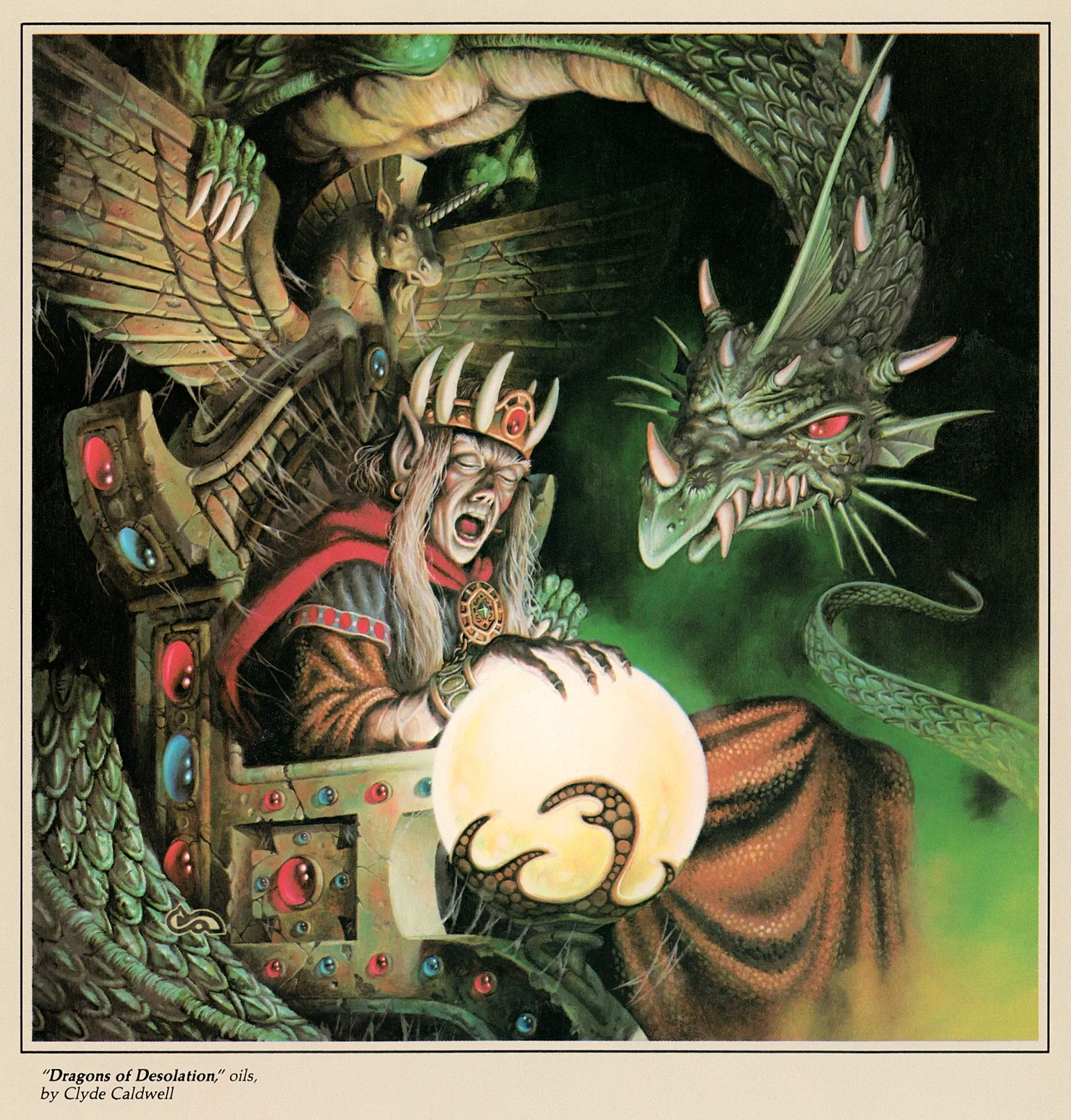 A crowned figure seated on an ornate throne clutching a glowing orb, facing a menacing green dragon coiled above.